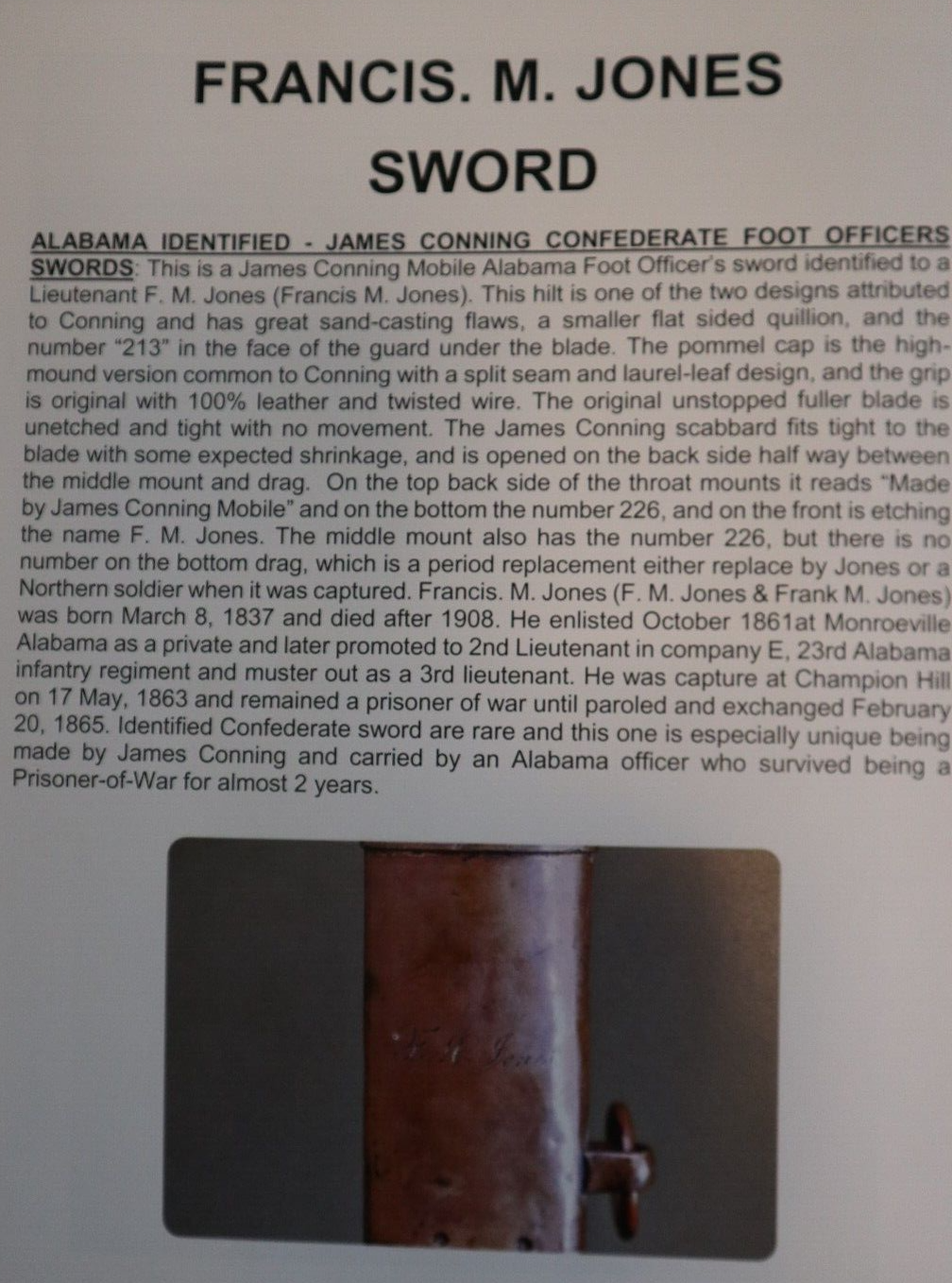 CIVIL WAR CONFEDERATE 23 ALABAMA IDENTIFIED SIGNED CONNING SWORD FRANCIS JONES