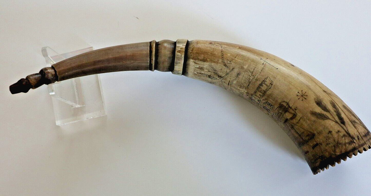 AMERICAN REVOLUTIONARY WAR NAVAL POWDER HORN W ENGRAVINGS NOT SWORD C 1775